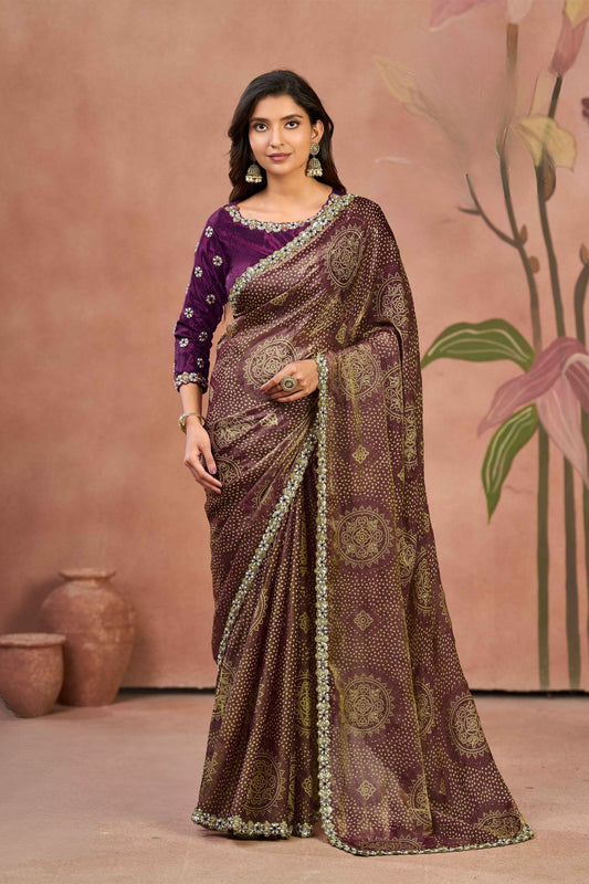 Amazing Brown Purple Two Tone Satin Silk Saree Sequins Embroidery Border for Women