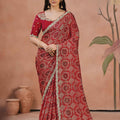 Lovely Red Two Tone Satin Silk Saree Bandhani Print Sequins Embroidery Work for Women