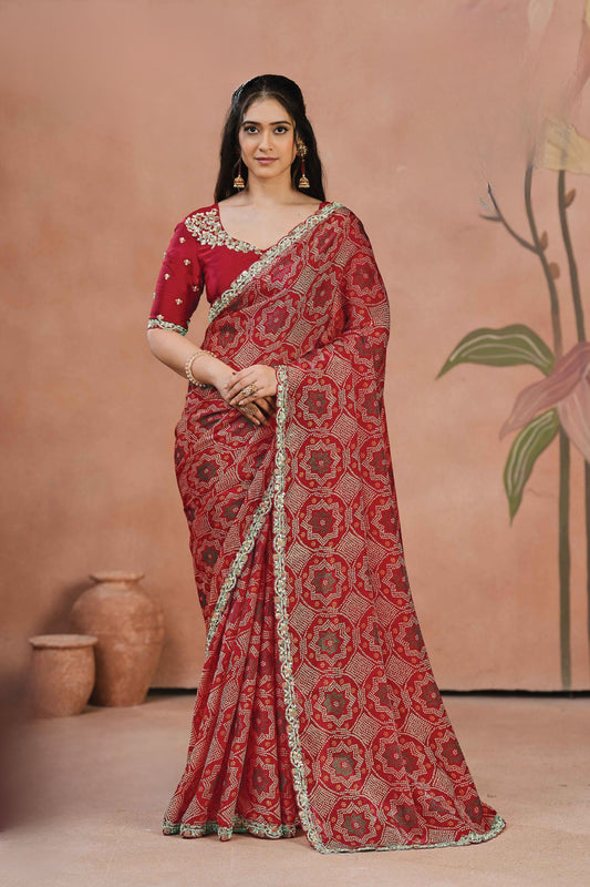 Lovely Red Two Tone Satin Silk Saree Bandhani Print Sequins Embroidery Work for Women