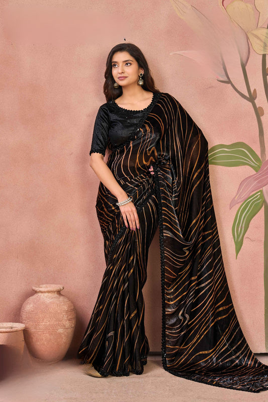 Premium Black Two Tone Satin Silk Saree Sequins Embroidery Border for Women
