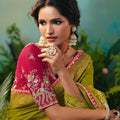 Olive Green Banarasi Silk Saree with Pink Embroidered Blouse