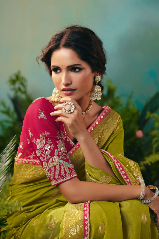Olive Green Banarasi Silk Saree with Pink Embroidered Blouse