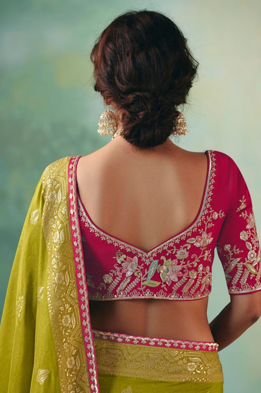 Olive Green Banarasi Silk Saree with Pink Embroidered Blouse