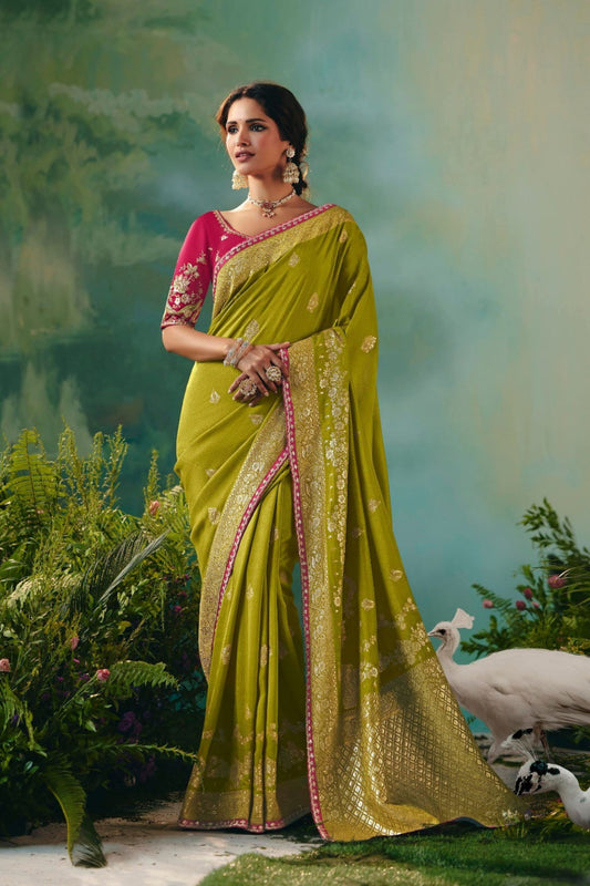 Olive Green  Banarasi Silk Saree with Pink Embroidered Blouse 