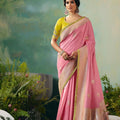Pink Silk Saree Zari Border Lime Green Embroidered Blouse 