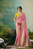 Pink Silk Saree Zari Border Lime Green Embroidered Blouse 