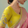Pink Silk Saree Zari Border Lime Green Embroidered Blouse