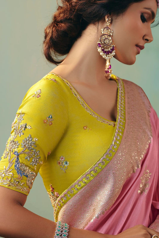 Pink Silk Saree Zari Border Lime Green Embroidered Blouse