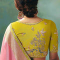 Pink Silk Saree Zari Border Lime Green Embroidered Blouse