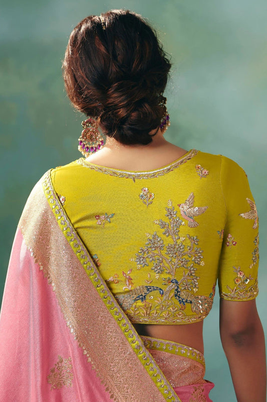 Pink Silk Saree Zari Border Lime Green Embroidered Blouse