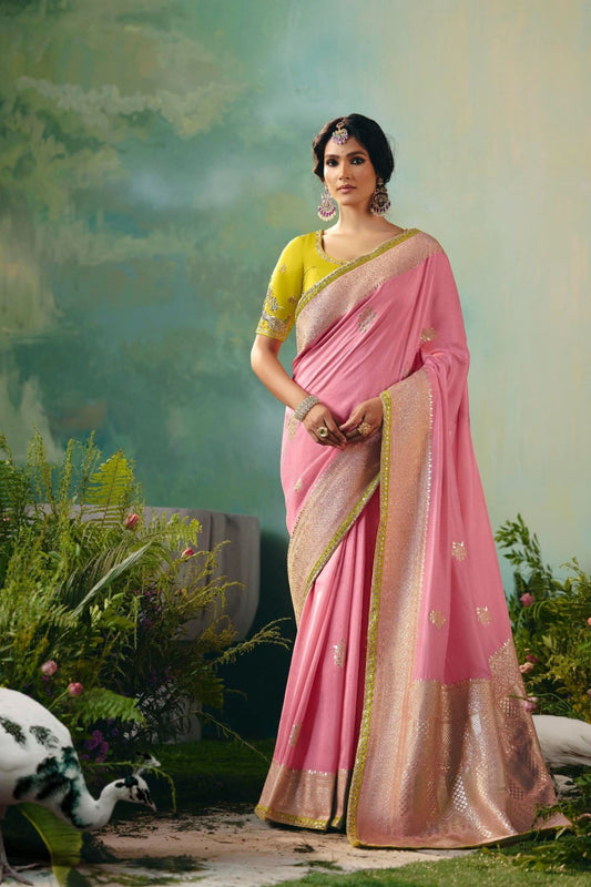 Pink Silk Saree Zari Border Lime Green Embroidered Blouse 