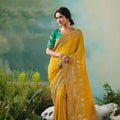 Mustard Yellow Silk Saree Teal Green Embroidered Blouse