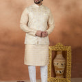 Outstanding Yellow and Off-White Digital Print Kurta Pyjama with Nehru Jacket for Men
