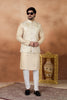 Outstanding Yellow and Off-White Digital Print Kurta Pyjama with Nehru Jacket for Men