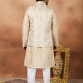 Outstanding Yellow and Off-White Digital Print Kurta Pyjama with Nehru Jacket for Men