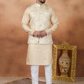Outstanding Yellow and Off-White Digital Print Kurta Pyjama with Nehru Jacket for Men
