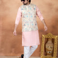Traditional Peach and Off-White Digital Print Kurta Pyjama with Nehru Jacket for Men