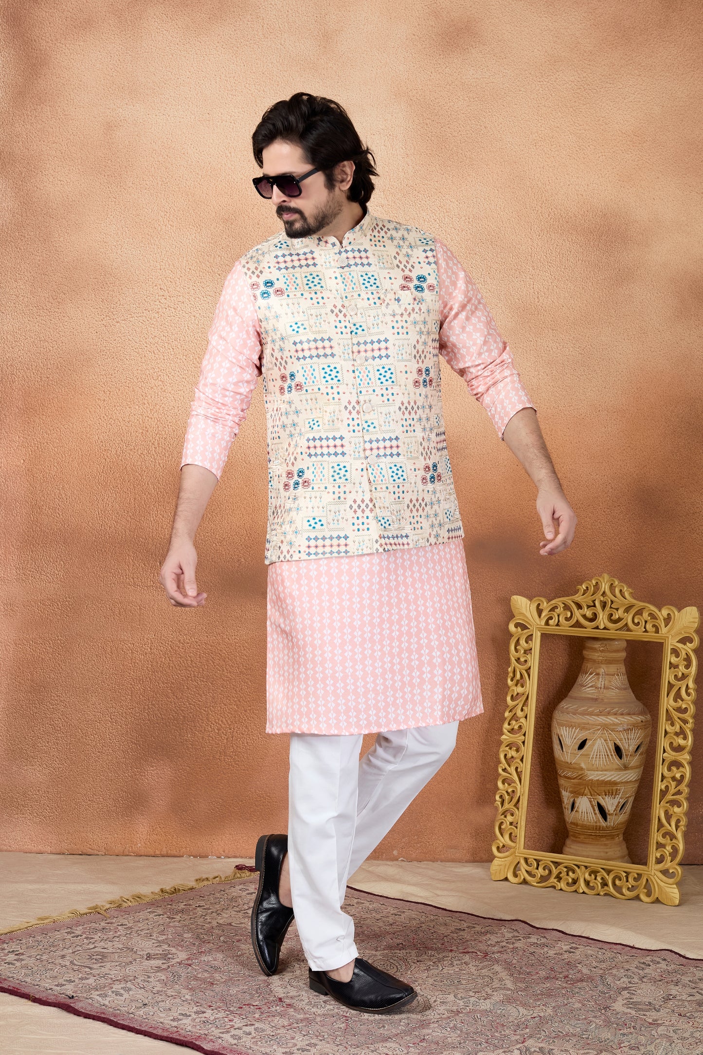 Traditional Peach and Off-White Digital Print Kurta Pyjama with Nehru Jacket for Men