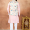 Traditional Peach and Off-White Digital Print Kurta Pyjama with Nehru Jacket for Men
