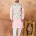 Traditional Peach and Off-White Digital Print Kurta Pyjama with Nehru Jacket for Men