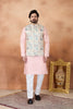 Traditional Peach and Off-White Digital Print Kurta Pyjama with Nehru Jacket for Men