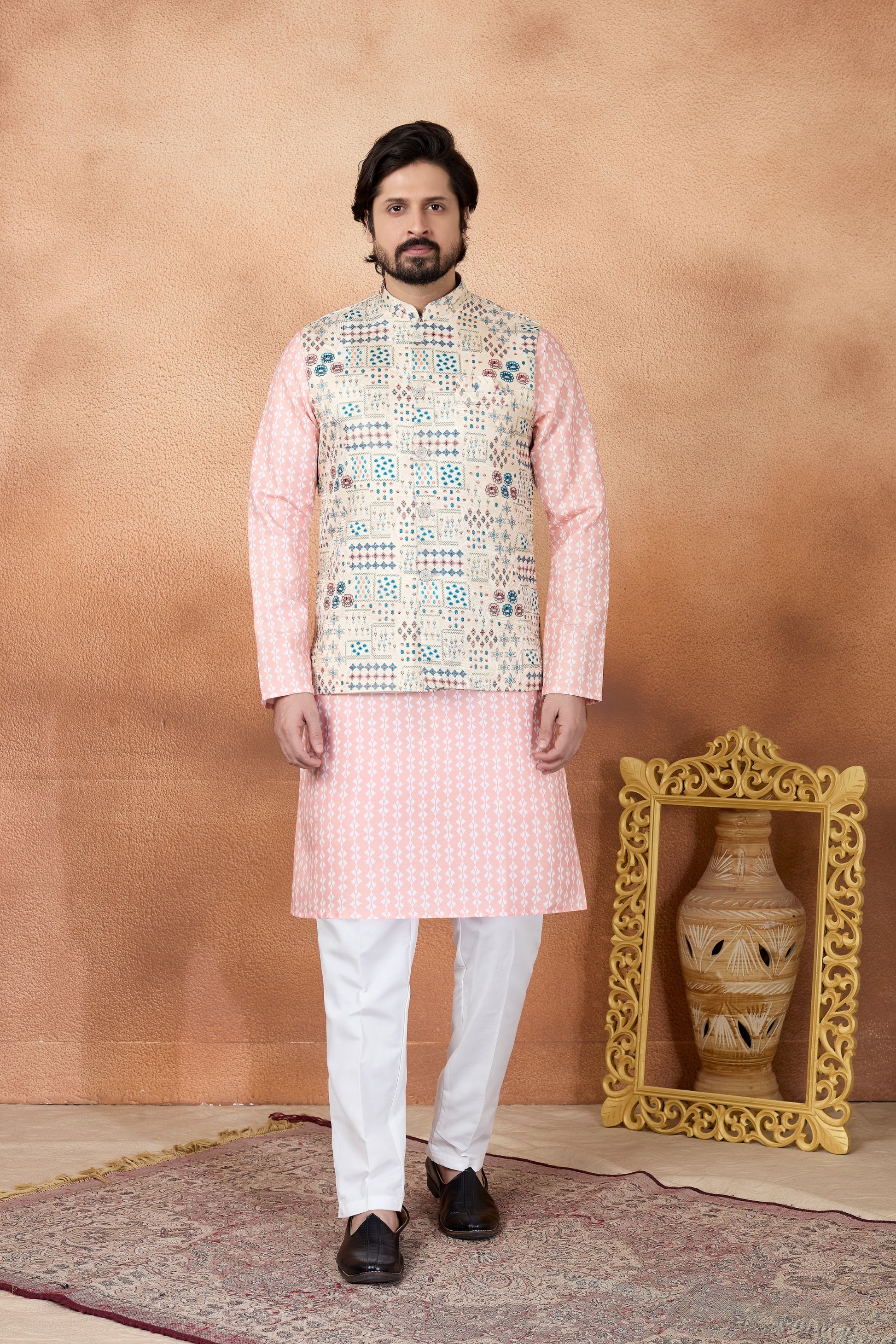 Traditional Peach and Off-White Digital Print Kurta Pyjama with Nehru Jacket for Men
