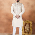Superb Cream and Off-White Digital Print Jacquard Kurta Pyjama with Nehru Jacket for Men