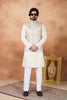 Superb Cream and Off-White Digital Print Jacquard Kurta Pyjama with Nehru Jacket for Men