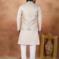Superb Cream and Off-White Digital Print Jacquard Kurta Pyjama with Nehru Jacket for Men