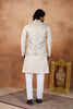 Superb Cream and Off-White Digital Print Jacquard Kurta Pyjama with Nehru Jacket for Men