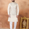 Superb Cream and Off-White Digital Print Jacquard Kurta Pyjama with Nehru Jacket for Men