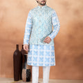 Stylish Sky Blue and Off-White Digital Print Jacquard Kurta Pyjama with Nehru Jacket for Men