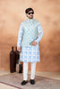 Stylish Sky Blue and Off-White Digital Print Jacquard Kurta Pyjama with Nehru Jacket for Men