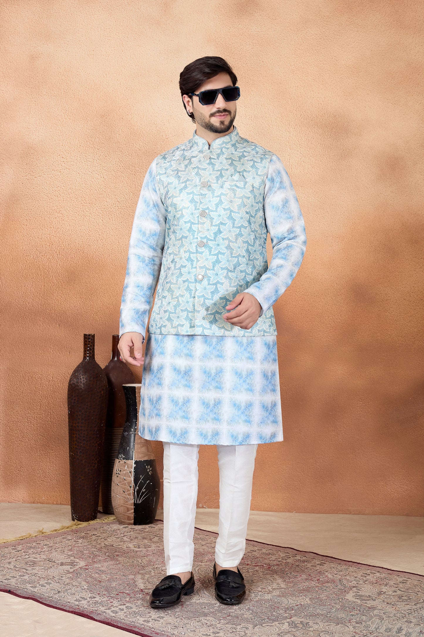 Stylish Sky Blue and Off-White Digital Print Jacquard Kurta Pyjama with Nehru Jacket for Men