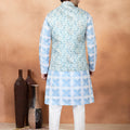 Stylish Sky Blue and Off-White Digital Print Jacquard Kurta Pyjama with Nehru Jacket for Men