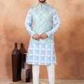 Stylish Sky Blue and Off-White Digital Print Jacquard Kurta Pyjama with Nehru Jacket for Men