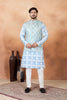 Stylish Sky Blue and Off-White Digital Print Jacquard Kurta Pyjama with Nehru Jacket for Men