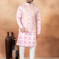 Classy Pink and Off-White Digital Print Jacquard Kurta Pyjama with Nehru Jacket for Men