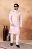 Classy Pink and Off-White Digital Print Jacquard Kurta Pyjama with Nehru Jacket for Men