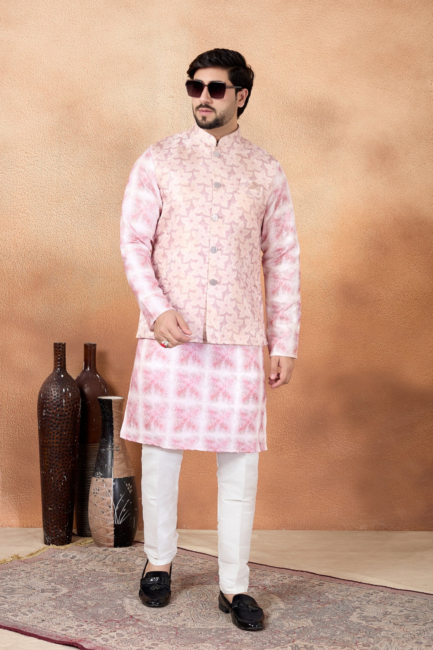 Classy Pink and Off-White Digital Print Jacquard Kurta Pyjama with Nehru Jacket for Men