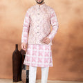 Classy Pink and Off-White Digital Print Jacquard Kurta Pyjama with Nehru Jacket for Men