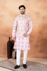 Classy Pink and Off-White Digital Print Jacquard Kurta Pyjama with Nehru Jacket for Men