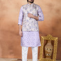 Grateful Lavender and Off-White Digital Print Jacquard Kurta Pyjama with Nehru Jacket for Men