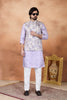Grateful Lavender and Off-White Digital Print Jacquard Kurta Pyjama with Nehru Jacket for Men