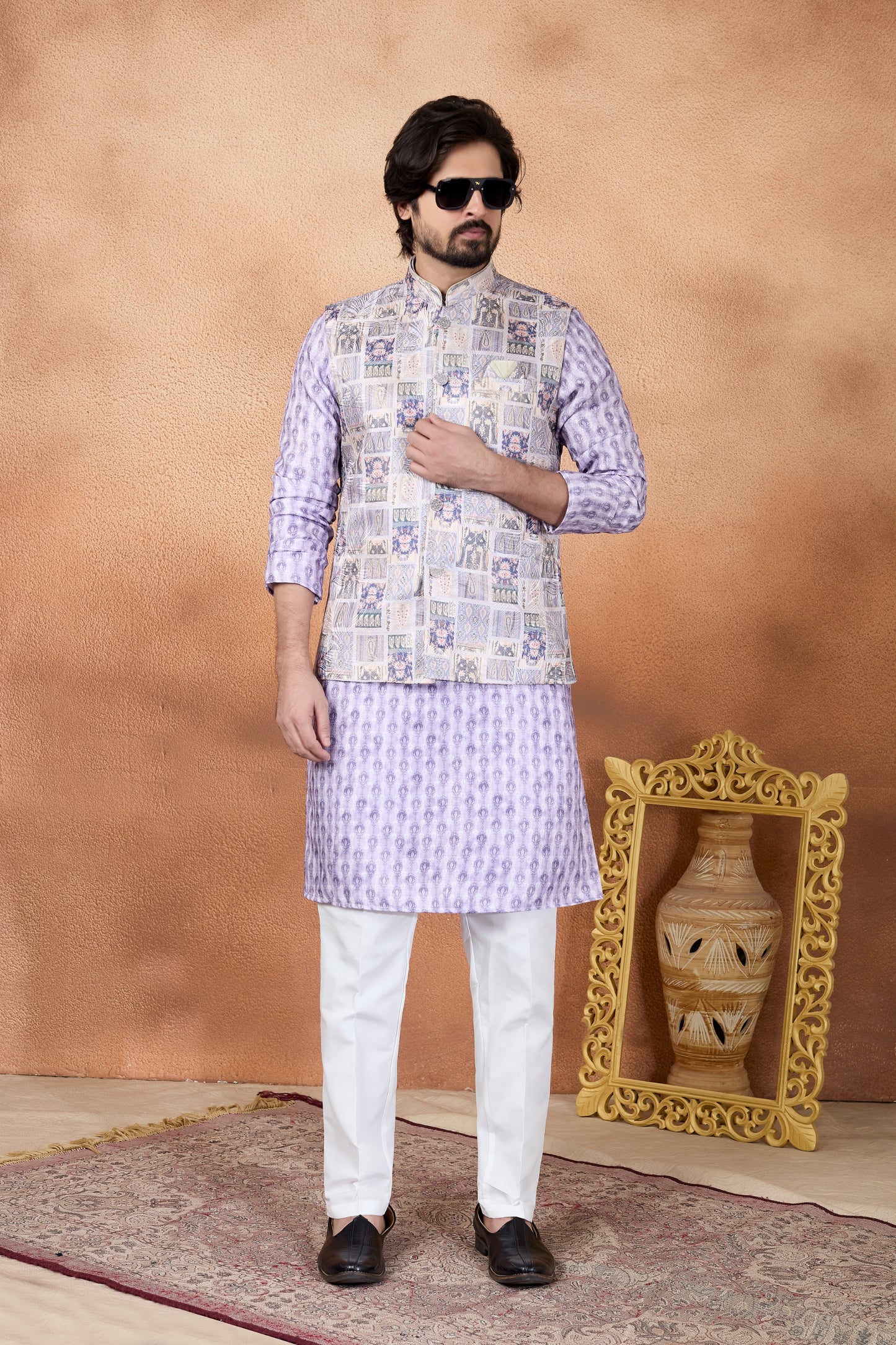 Grateful Lavender and Off-White Digital Print Jacquard Kurta Pyjama with Nehru Jacket for Men