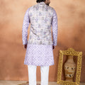Grateful Lavender and Off-White Digital Print Jacquard Kurta Pyjama with Nehru Jacket for Men