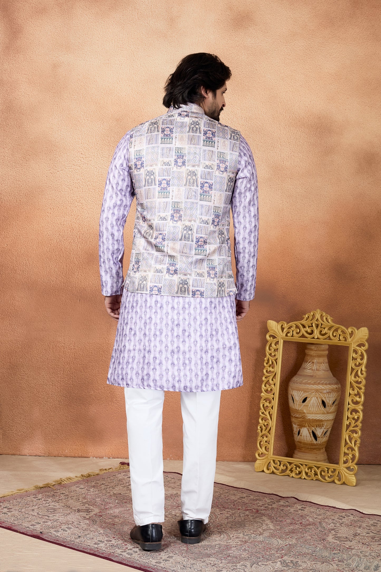 Grateful Lavender and Off-White Digital Print Jacquard Kurta Pyjama with Nehru Jacket for Men