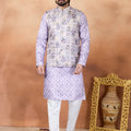 Grateful Lavender and Off-White Digital Print Jacquard Kurta Pyjama with Nehru Jacket for Men