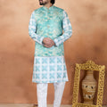 Refresh Sea Green and Off-White Digital Print Jacquard Kurta Pyjama with Nehru Jacket for Men