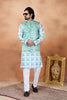 Refresh Sea Green and Off-White Digital Print Jacquard Kurta Pyjama with Nehru Jacket for Men